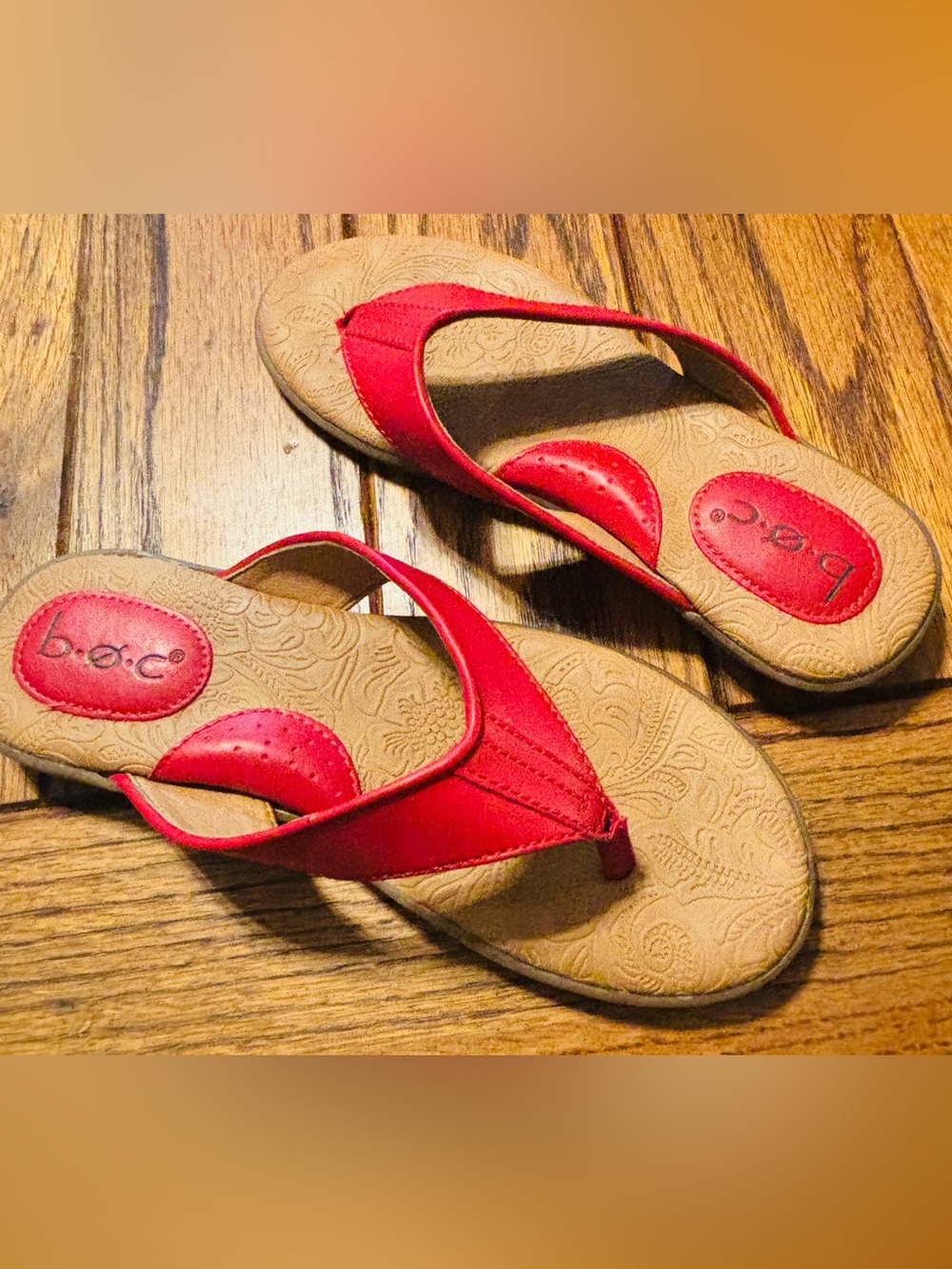 b.o.c. Red Leather Thong Sandals with Embossed Tan Footbed